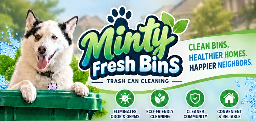 Minty Fresh Bins logo with husky, paw print, green bin, mint leaves, clean bins healthier homes happier neighbors
